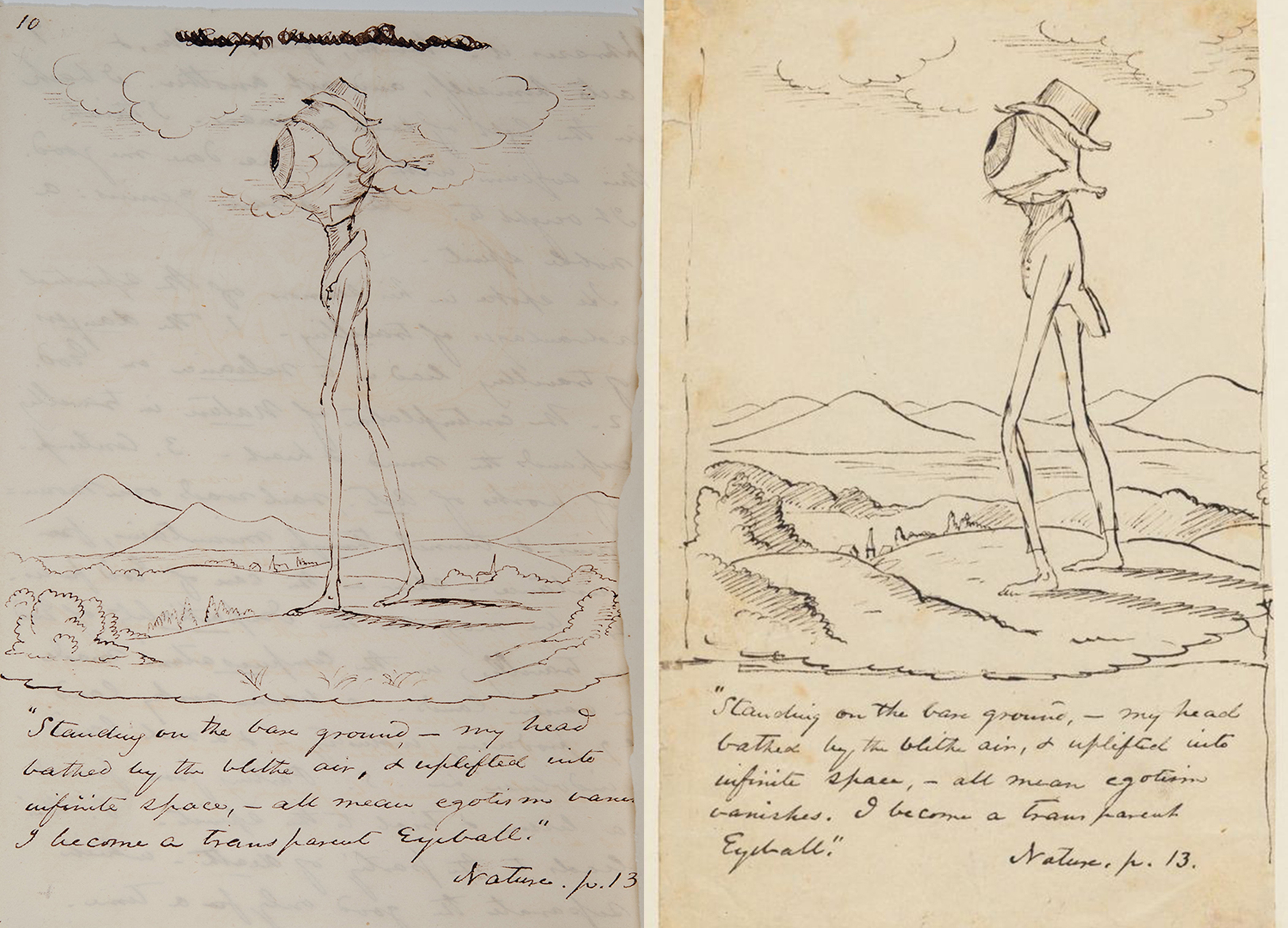 Christopher P. Cranch journal, 1839. Page 10. Original
                                    Manuscript from the Christopher P. Cranch Papers. Massachusetts
                                    Historical Society; Cranch, Christopher Pearse, 1813–1892.
                                    Illustrations of the New Philosophy: drawings,
                                    [ca. 1837–1839] (MS Am 1506). Houghton Library, Harvard
                                    University, Cambridge, Massachusetts. See the drawing (Image 4)
                                    at http://nrs.harvard.edu/urn-3:FHCL.Hough:2317939