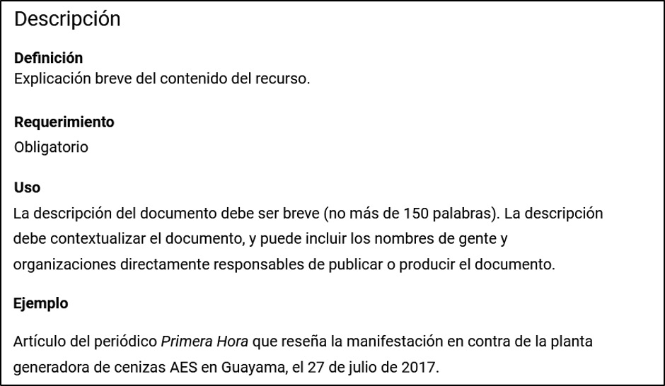 Figure 2: Updated Spanish entry for document descriptions that includes a definition of terms, whether the field is required, notes on the usage including the purpose of the field, and an example of a description for an actual project document.